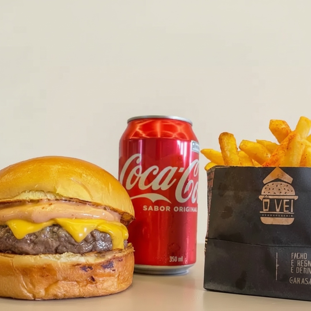 Pão brioche, smash 90g, molho casa, duplo cheddar + Batata Frita + Refrigerante 350ml.