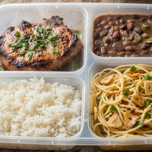 Bife de porco acebolado
(acompanha arroz ,feijão carioca e macarrão ao alho e oléo)