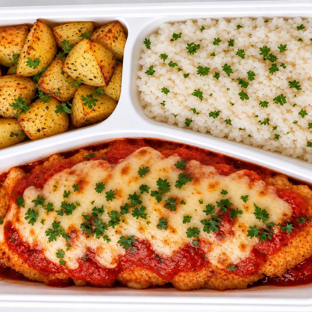 Filé de frango empanado com farinha sem glúten (150g), coberto com molho de tomate (60g) e muçarela (35g), acompanhado de arroz branco (150g), batata assada (120g) e legumes (100g). Uma opção completa, saborosa e caprichada para quem quer uma refeição mais reforçada. 700 kcal | 55g de proteína