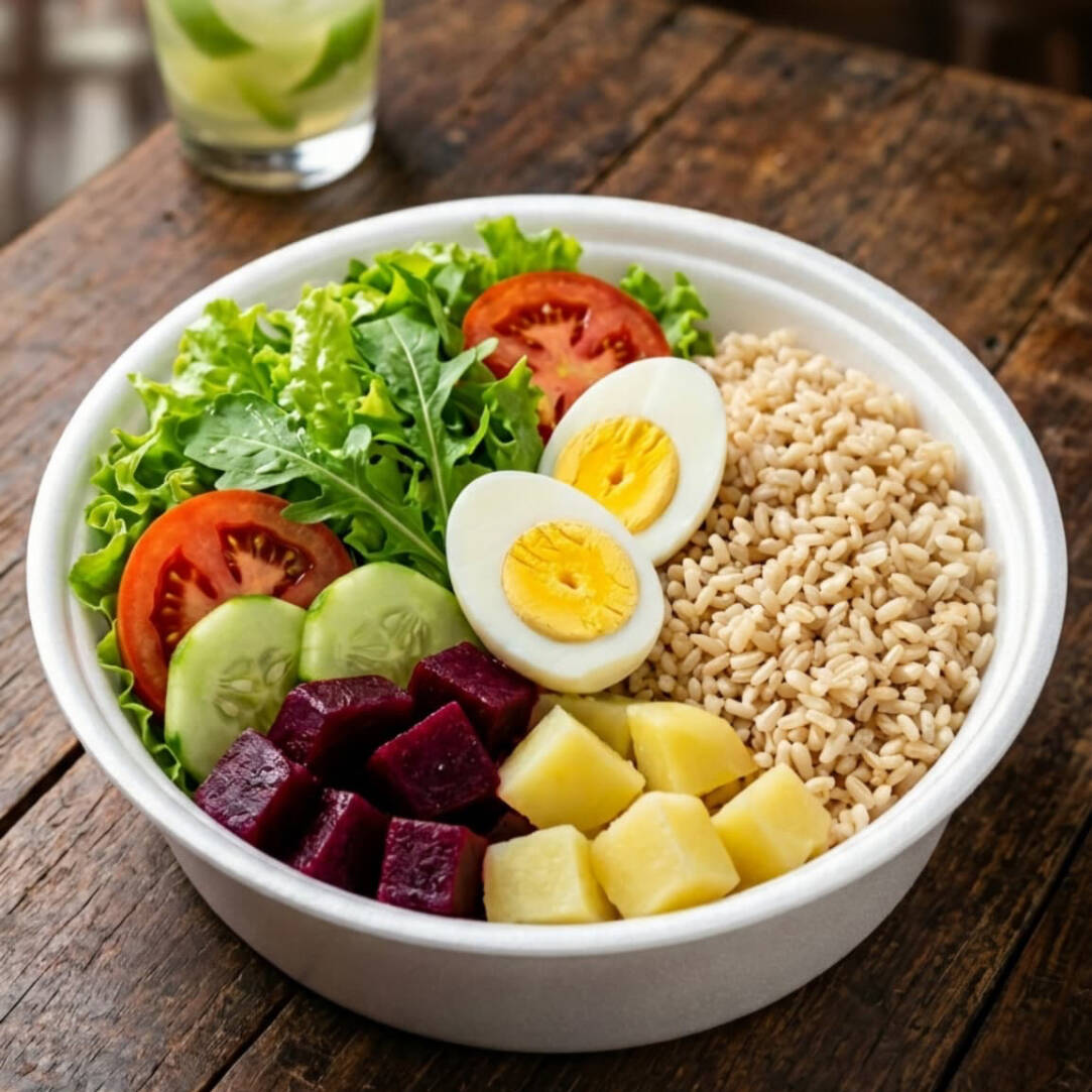 Opção leve e nutritiva, composta por arroz integral, folhas verdes frescas, pepino com tomate, beterraba ralada e salada de macarrão, ideal para quem busca uma refeição equilibrada e cheia de frescor, sem proteína animal.