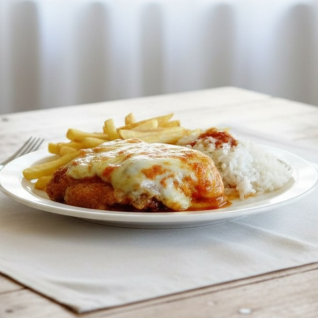 O contrafilé à parmegiana é servido suculento, com uma camada de queijo derretido sobre o molho de tomate. Acompanhado de arroz caseiro soltinho e o prato ganha textura e sabor equilibrando essa refeição.