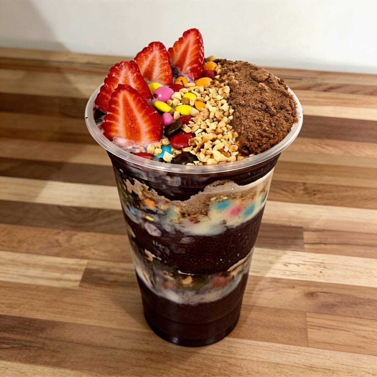 Um Delicioso Açai de 400 ml Com geleia de morango,Confete, amendoim, Ovomaltine e leite condensado