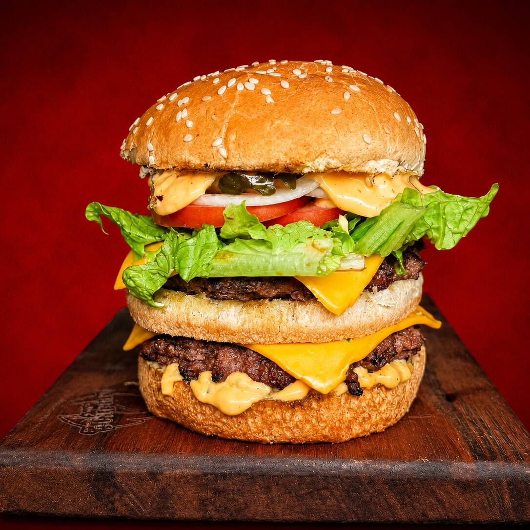 Dois burgers de 120g, cheddar derretido, molho Big, picles, alface, tomate e cebola no pão com gergelim. Um clássico com muito sabor!