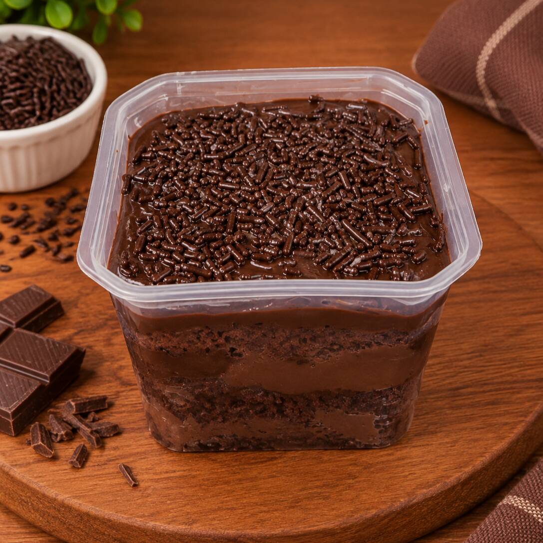 Bolo de pote artesanal com massa de chocolate, recheado com brigadeiro de chocolate cremoso.