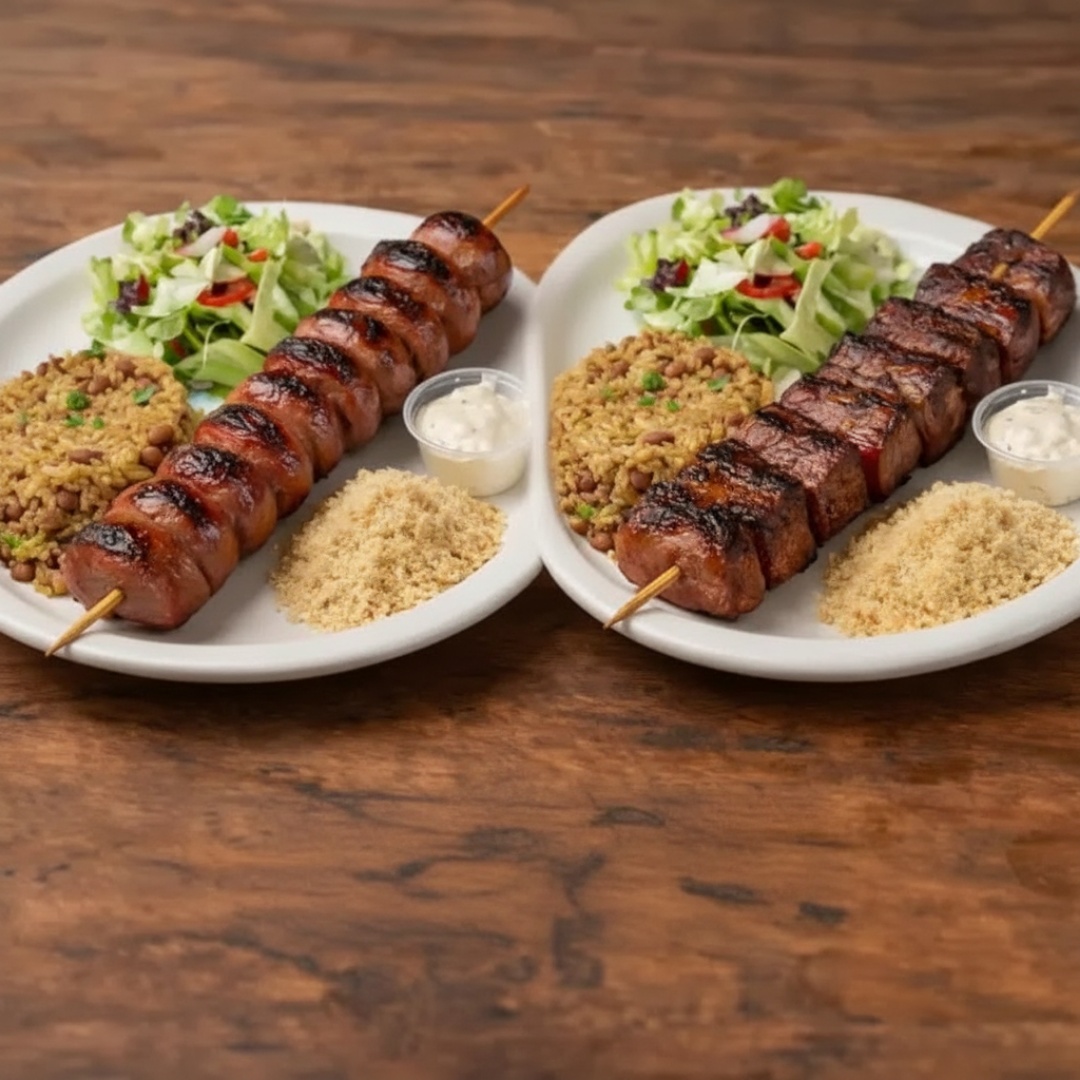 com com 1 espeto de toscana completo + 1 espeto de alcatra completo, acompanha arroz ou baião, macarrão, salada, farofa e molho da casa