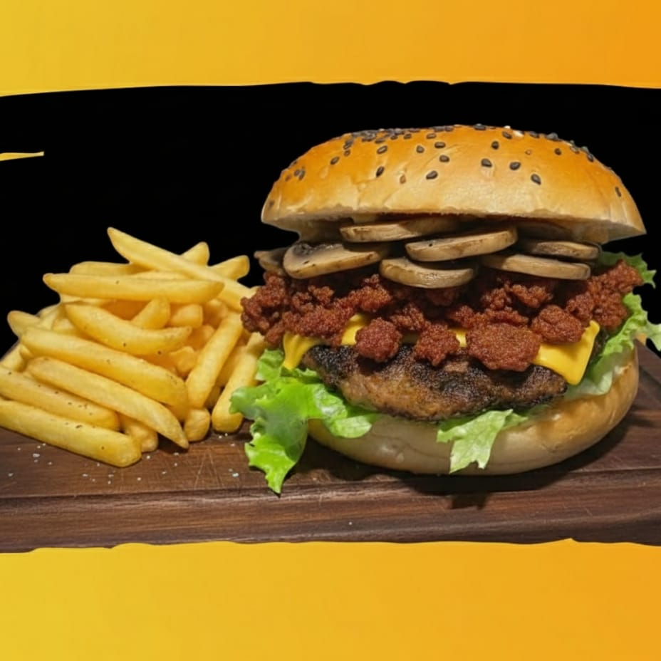 Burger Bacon Champiñon Chorizo con papas
