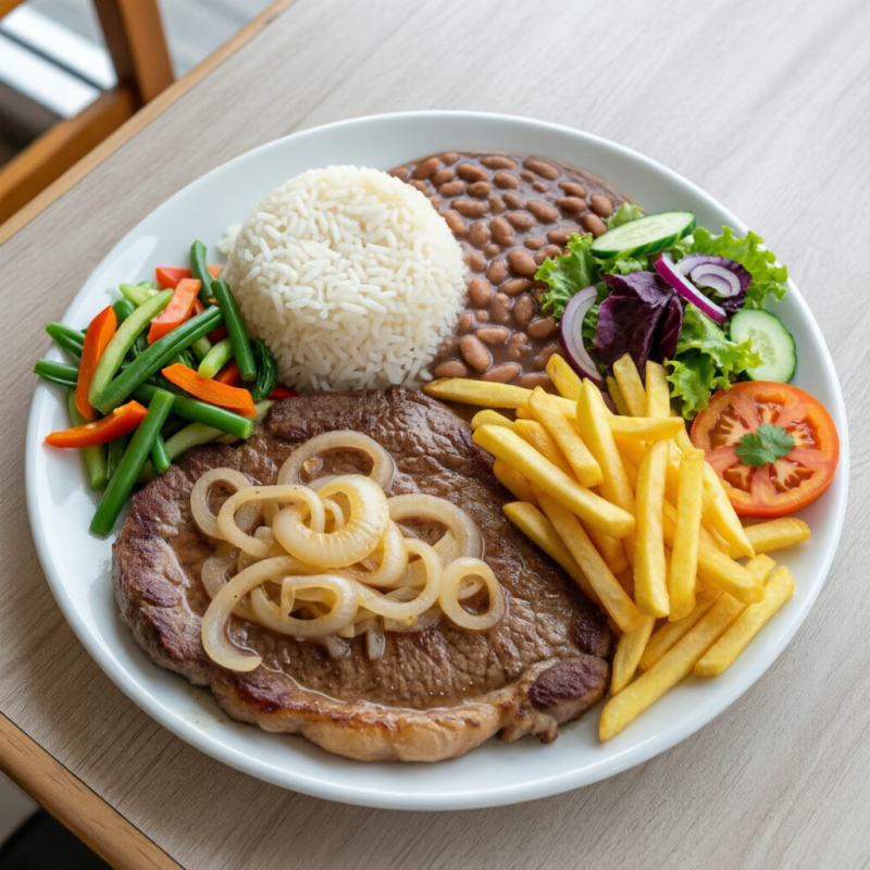 arroz,feijão,macarrão,refogado do dia,batata frita e salada