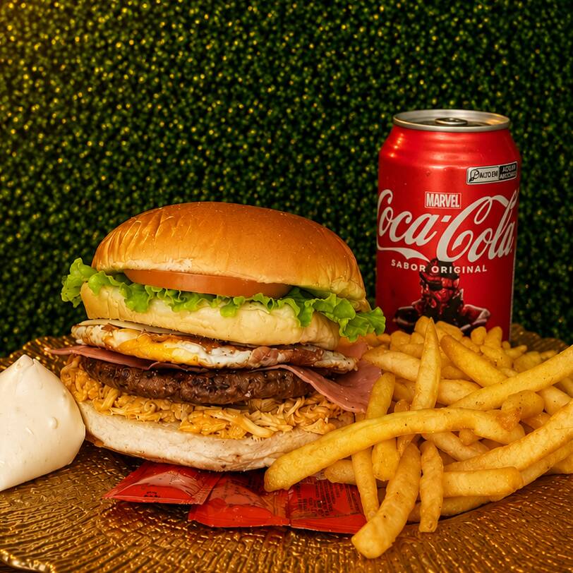 Pão, Carne,Ovo, Bacon,Presunto, Mussarela, Frango, Alface, Maionese Caseira, Tomate, Milho, Batata Palha.
200g de Batata Frita. Coca Lata