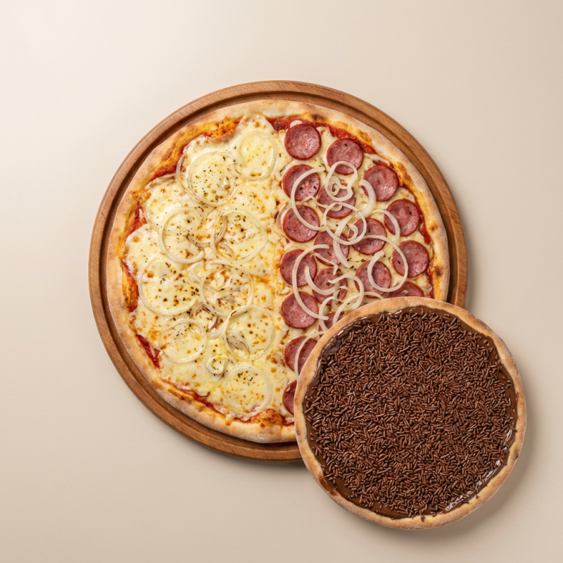 1 pizza meia mussarela meia calabresa 1 brotinho de chocolate