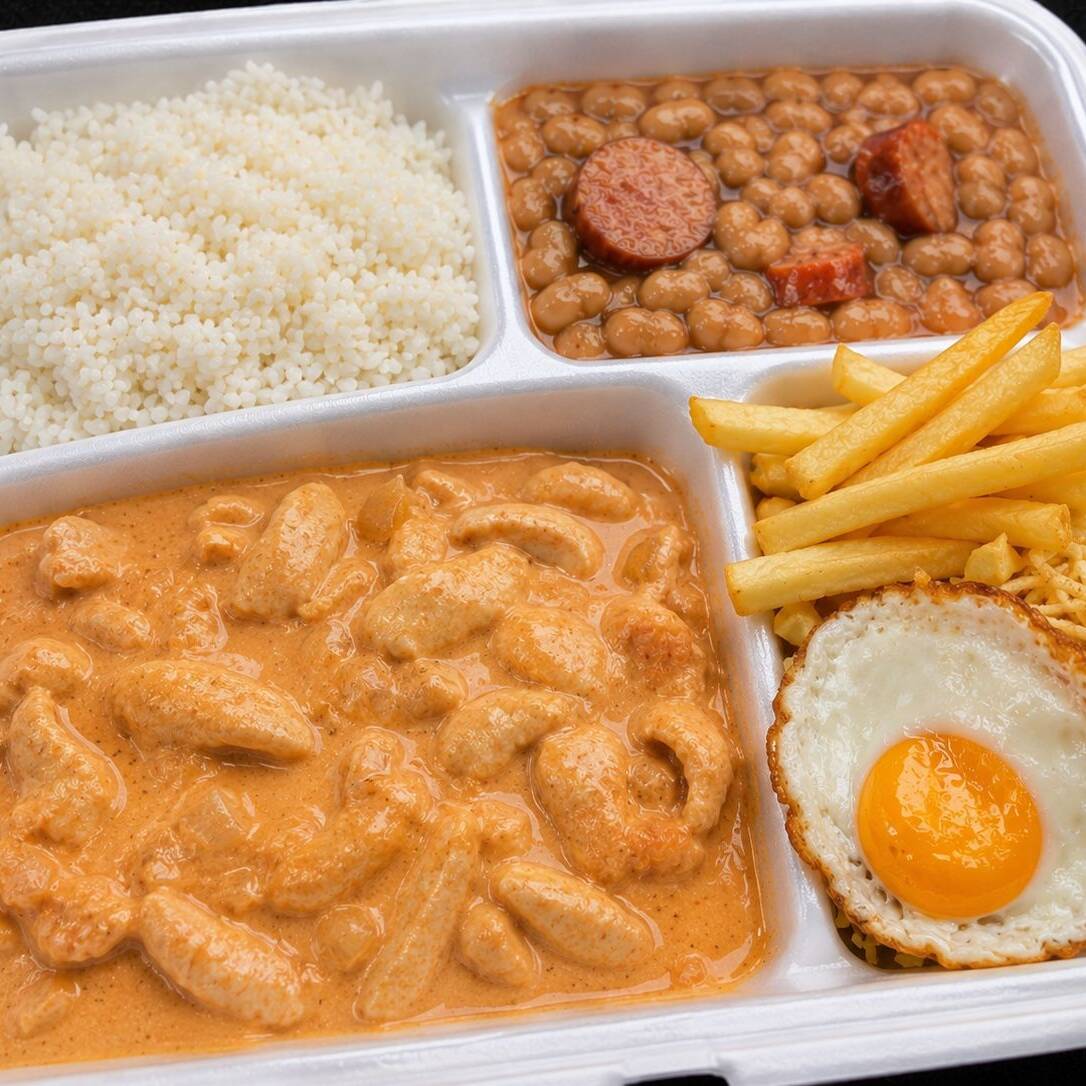 ARROZ BRANCO
FEIJAO BRANCO C\ CALABRESA
BATATA PALHA
BATATA FRITA
OVO FRITO
STROGONOF DE FRANGO