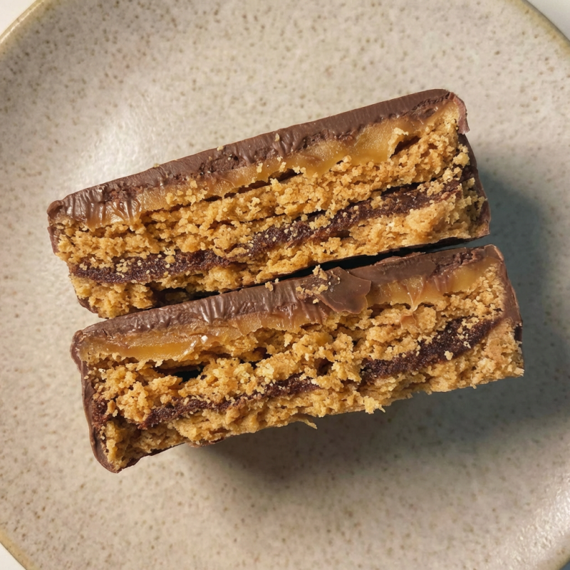 Feito de forma artesanal, com duas camadas de biscoito proteico, recheado com brigadeiro de chocolate zero açúcar e coberto com doce de leite, envolto em uma fina camada de chocolate diet. Uma opção sem açúcar e cheia de sabor. Informação Nutricional (Porção de 100g) Valor energético: 178 kcal Carboidratos: 13,6 g Proteínas: 9,5 g Gorduras totais: 8,9 g Gorduras saturadas: 4,7 g Fibra alimentar: 1,7 g Sódio: 88 mg Lista de Ingredientes Biscoito proteico (gordura vegetal, ovos, whey protein, farinha de arroz, farinha de castanha de caju, polvilho doce), brigadeiro de chocolate (chocolate diet, leite condensado diet), doce de leite diet, chocolate diet. Adoçantes: stevia, sucralose, sorbitol, maltitol. Alergênicos Contém: leite, ovos. Pode conter traços de: castanha de caju, amêndoas, avelãs. Não contém glúten. Não contém açúcar.