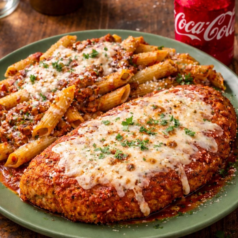 Uma suculenta Parmegiana de frango, empanada no ponto perfeito, coberta com um molho de tomate artesanal e generosas camadas de queijo derretido. Acompanhada de um macarrão à bolonhesa cremoso e bem temperado, o prato é finalizado com ainda mais queijo e um toque fresco de cebolinha, trazendo aroma, cor e sabor irresistíveis. Uma explosão de conforto e sabor em cada garfada.