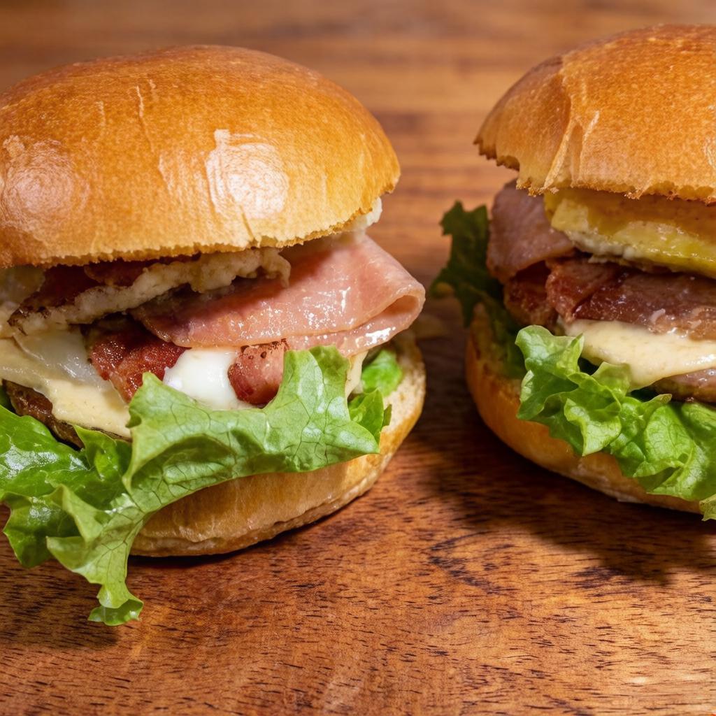 2 lanches
Pão de brioche, hamburguer tradicional ,ovo, queijo, presunto, bacon, maionese, alface, tomate.