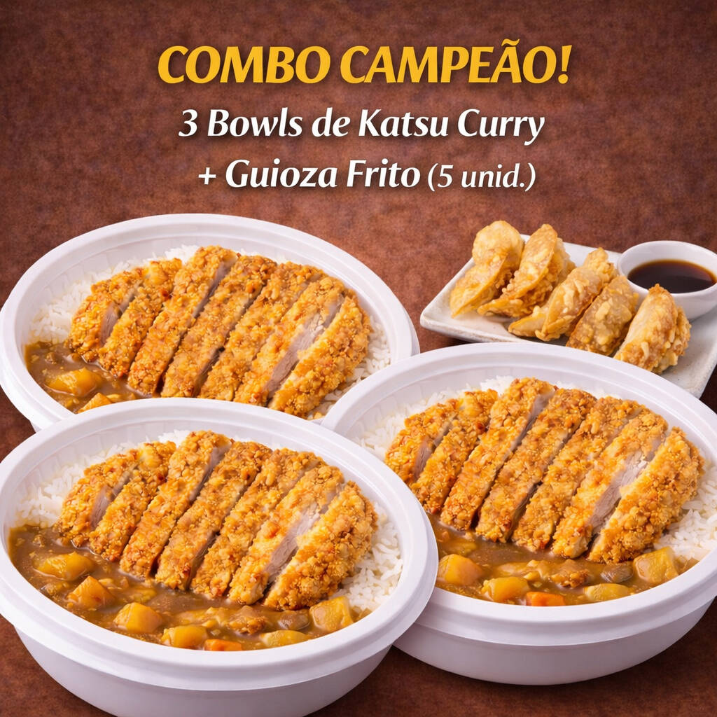 Pague três (3) karê tonkatsu karê de picância média e ganhe 1 porção de guioza frito. Por questoes de produção e logistica na cozinha o combo não permite alteração de itens. Agradecemos a compreensão.