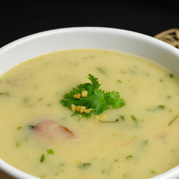 Caldo de batata processado com couve refogada, linguiça e bacon.