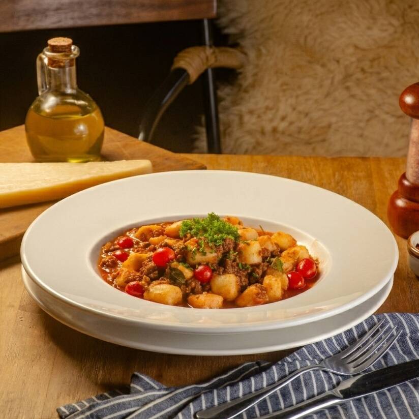 Massa artesanal de batata servida com molho de tomate e carne moída de alcatra. Um clássico simples e saboroso. Acompanha Entrada e Sobremesa Grátis!!!