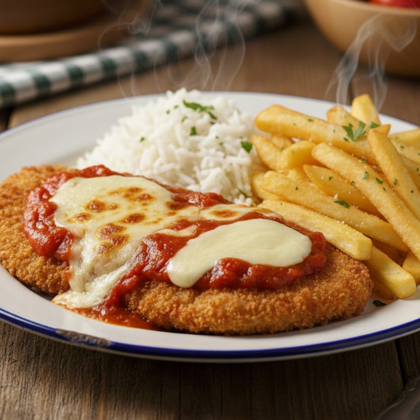 Clássico irresistível! Filé de bife empanado na massa crocante, coberto com molho de tomates caseiro e queijo derretido, acompanhado de arroz branco soltinho e batatas fritas crocantes. Uma refeição farta, saborosa e com o toque de comida caseira que conquista todos os paladares!