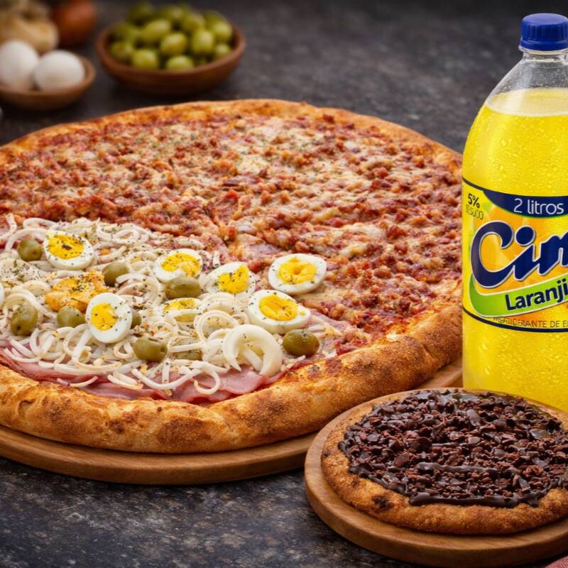 1 Gigante (16 fatias) + 1 Broto (4 fatias) + 1 Cini 2 Litros