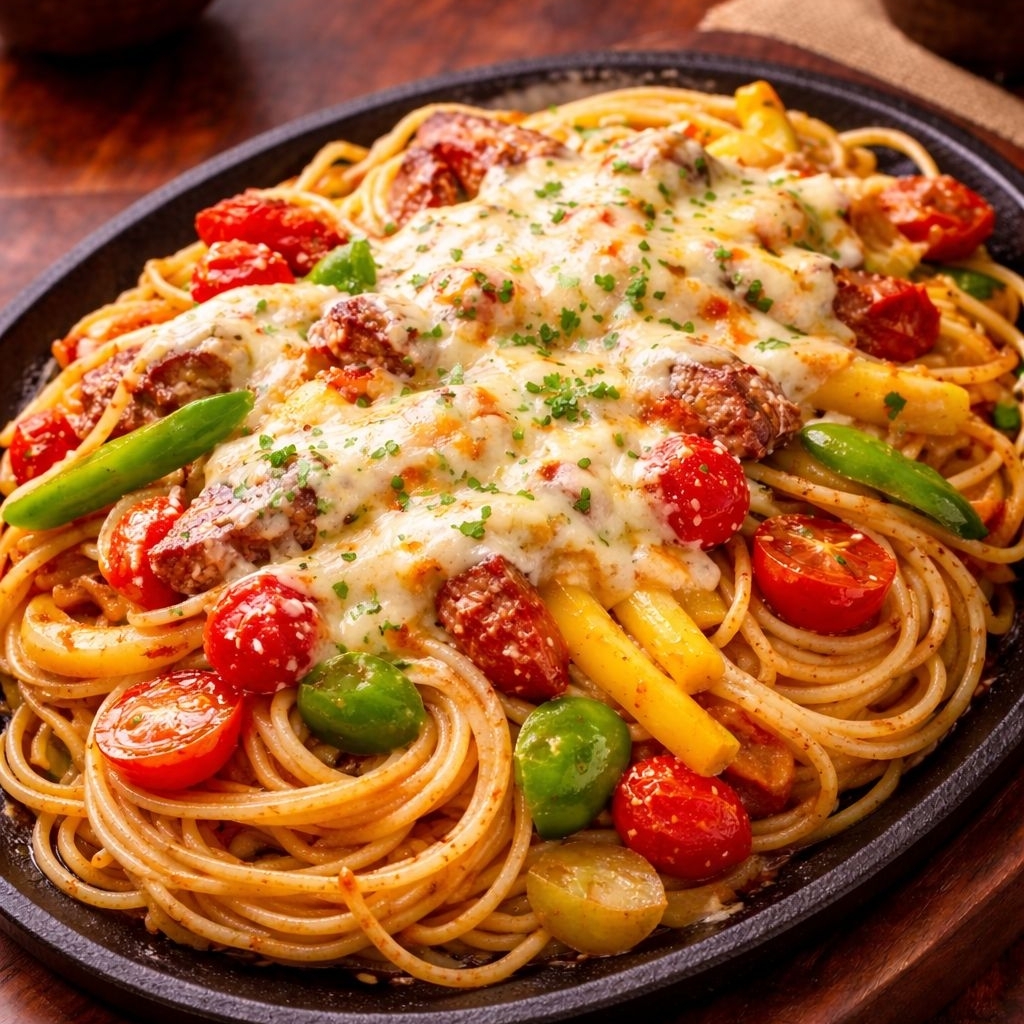Macarrão na chapa Cebola Pimentão Linguiça Bacon