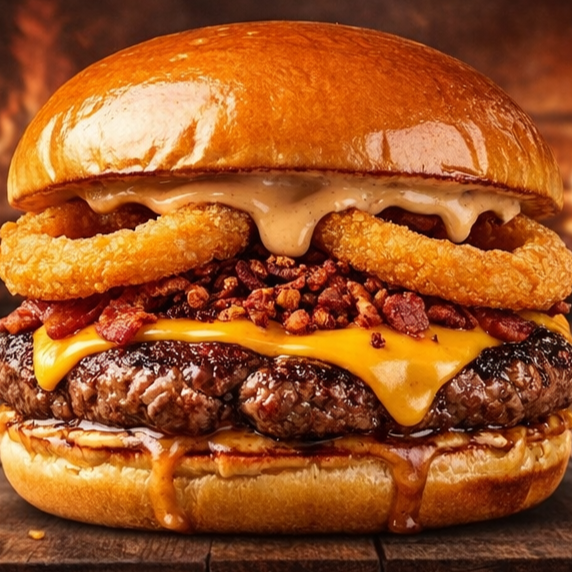 PÃO BRIOCHE CARNE 130 SMASH, MOLHO CHEDDAR, FAROFA DE BACON, ANEL DE CEBOLA
