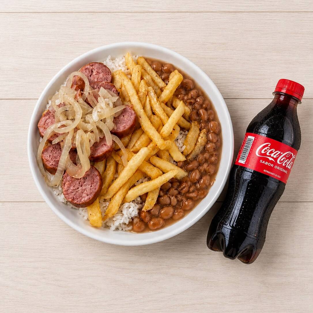 Arroz branco soltinho, feijão bem temperado, Farofa de Calabresa caseira, salada fresca com alface e tomate e linguiça picada dourada.
Refrigerante 200ml "Refrigerante disponivel na loja" ( Coca cola, Fanta ou Guarana)
Tamanho 500ml