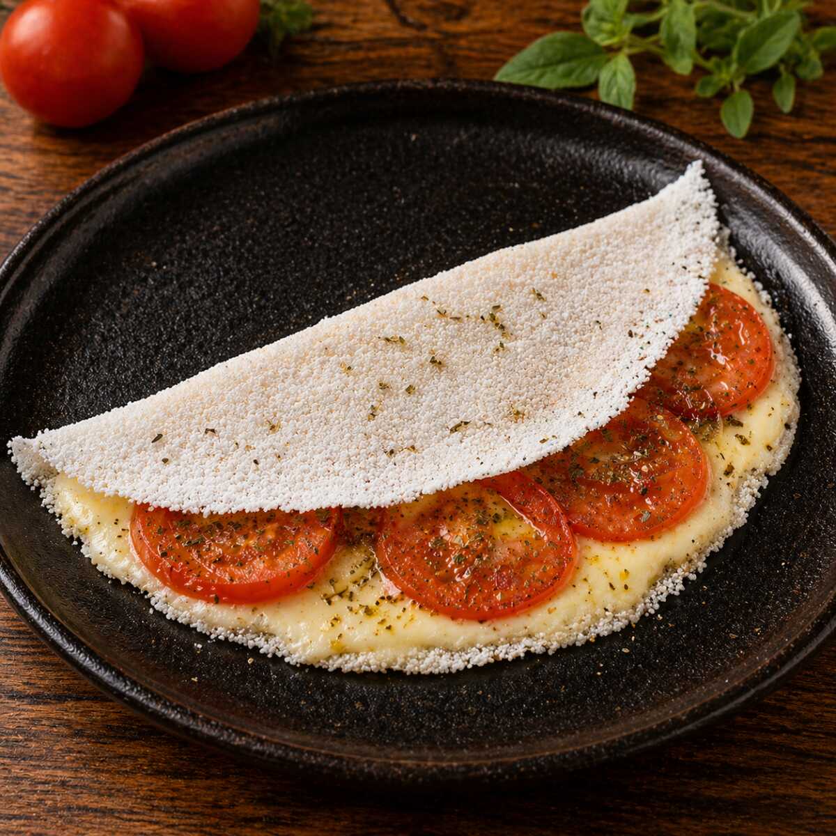 Uma deliciosa tapioca preparada na hora, recheada com queijo mussarela derretido, tomate fresco e requeijão cremoso. Uma combinação clássica, leve e muito saborosa, perfeita para qualquer hora do dia.