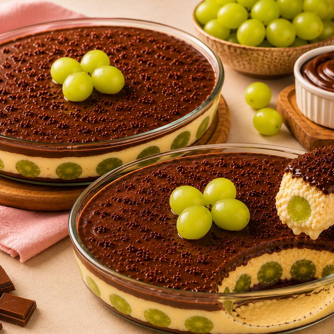 Duas travessas da nossa irresistível Surpresa de Uva, preparadas com creme de Ninho, uvas verdes frescas, camada de creme de avelã e granulado de chocolate. O combo perfeito para compartilhar ou se deliciar em dobro!