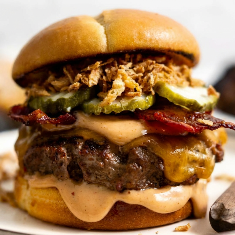 Pão, carne 160gr, queijo picles, bacon, crispy de cebola e molho especial.