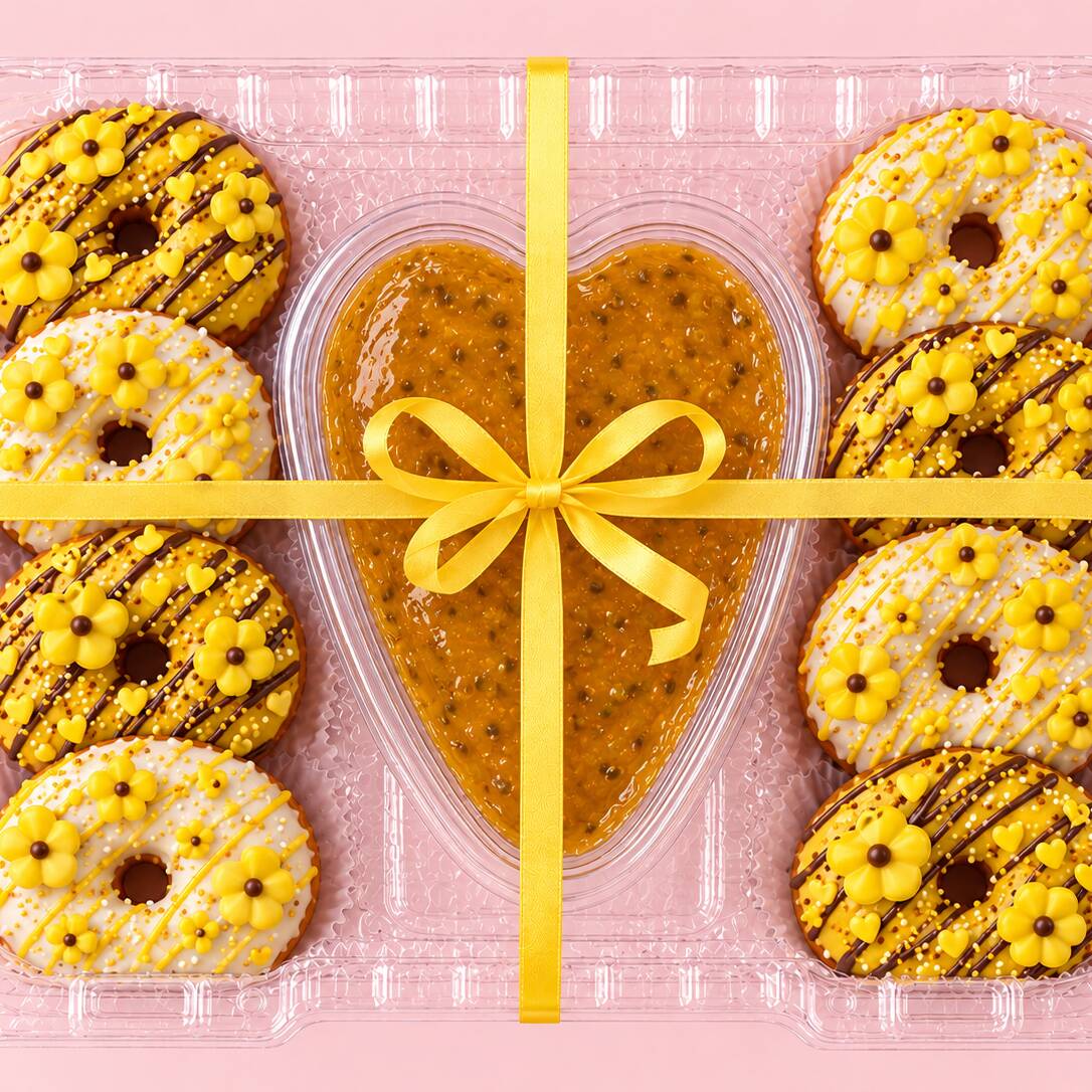 Caja de Donas y Postre Corazón Flores Amarillas
