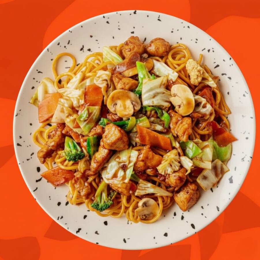 Macarrão sobá frito no wok com frango, couve-flor, brócolis, cogumelos, repolho e cenoura com o clássico molho do Lig-Lig. Preparado no wok chinês de forma artesanal com ingredientes frescos.