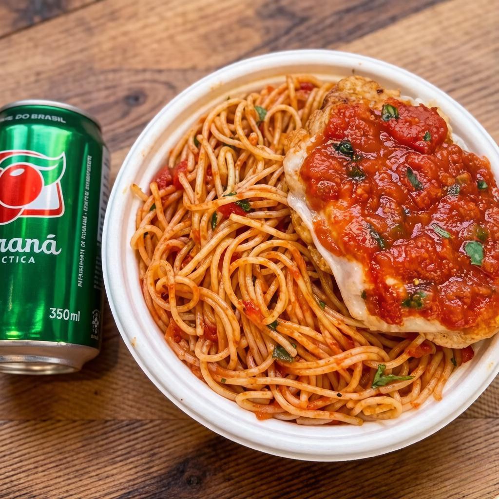 Marmita com delicioso filé de frango á parmegiana(empanado na massa crocante, coberto com molho de tomate e queijo mussarela) acompanhado com macarrão espaguete suculento al dente. ( Marmita Indicada para 01 pessoa)