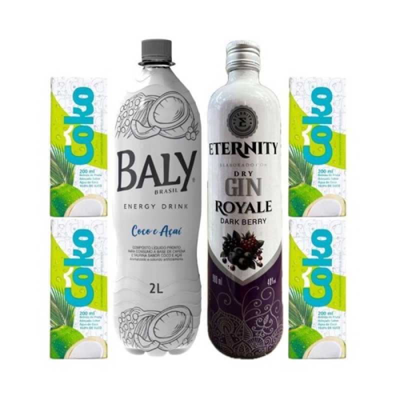 Garrafa de Gin Eternity Coco é Açaí 900ml, Garrafa de Baly 2L, 4 Gelos, 4 Copos de 700ml