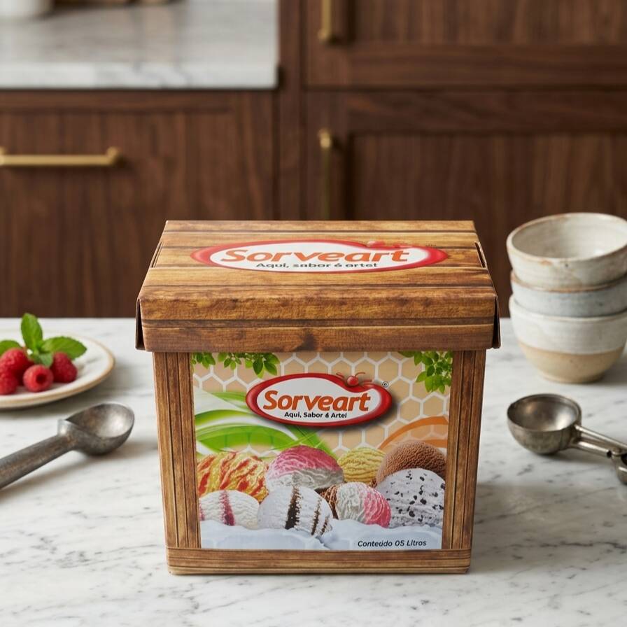 sorvete baunilha, calda caramelizada, amendoim, chocolate e casquinha de copo de sorvete