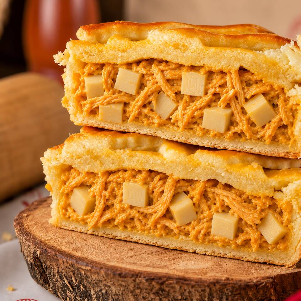Massa artesanal dourada e amanteigada, recheada com frango desfiado super cremoso e palmito, que derrete a cada mordida. Um empadão de 500 g, muito recheado e irresistivelmente saboroso.
