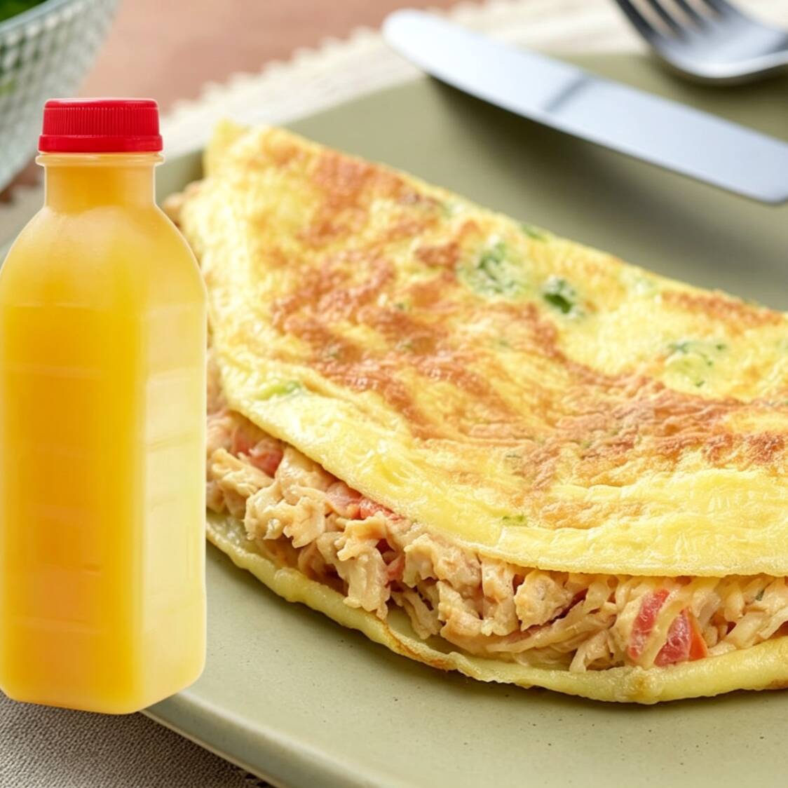 1 delicioso omelete de frango com queijo + 1 suco de 500ml