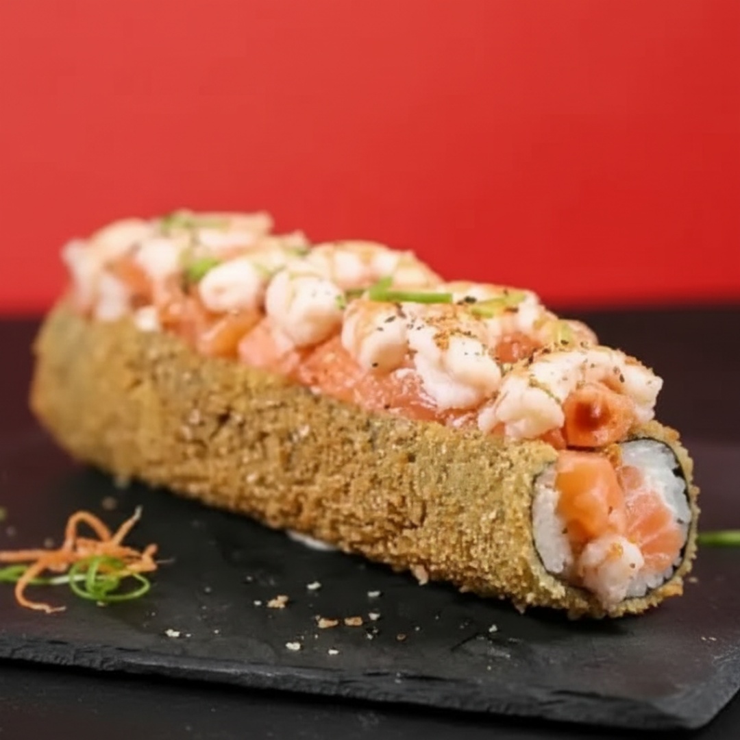 Arroz japonês,camarão cozido,cream cheese envolvidos no nori empanado e frito.acompanha shoyu,teriaky e hashi