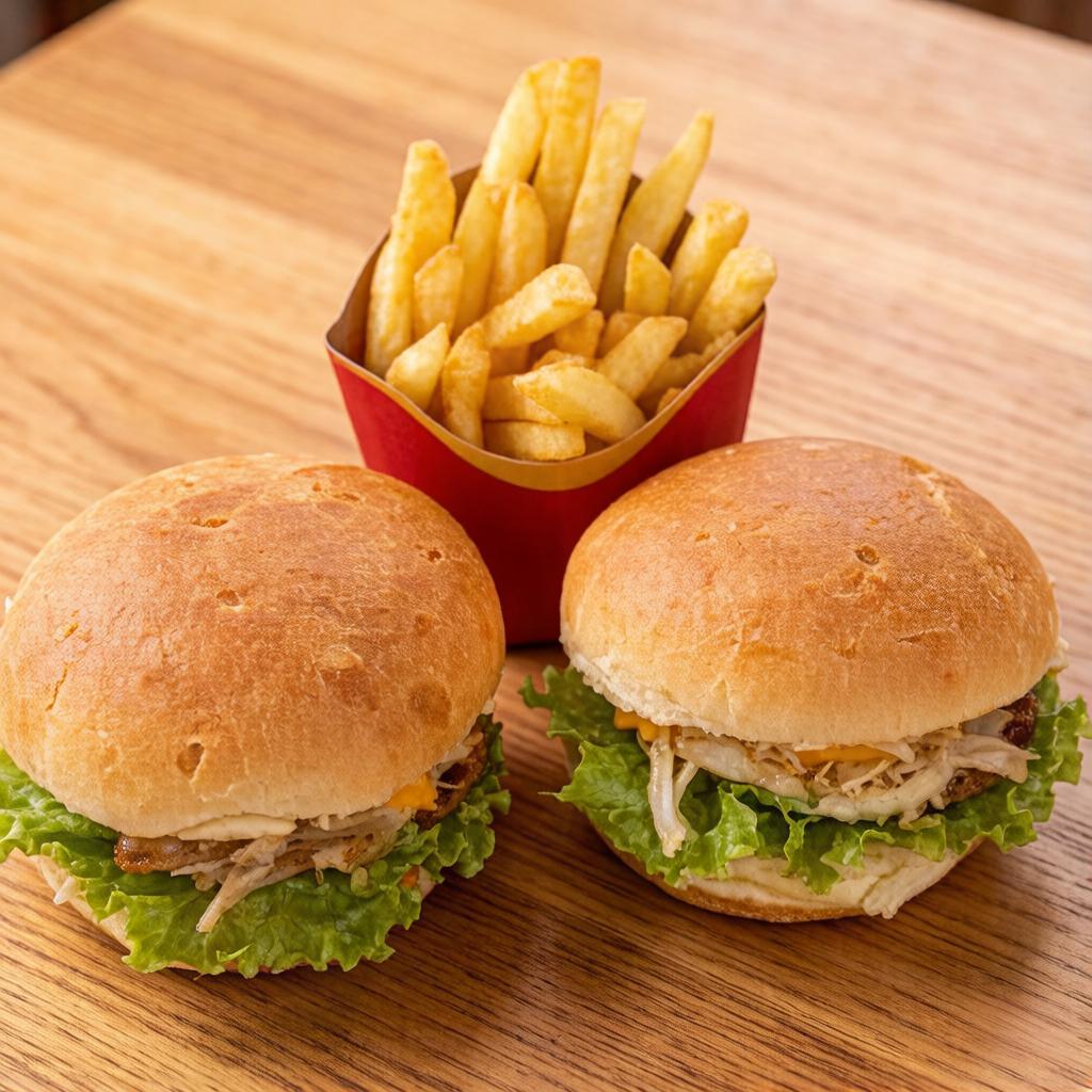 O 'Combo Tchê 2' oferece um par de lanches saborosos e substanciais. O primeiro é um hambúrguer tradicional, suculento e rico, enquanto o segundo é feito de frango desfiado, tenro e bem temperado. Ambos são realçados pelo suave e defumado sabor do bacon, pelo milho adocicado, pela combinação irresistível do queijo prato com o cheddar e pelo frescor do alface e do tomate. Para finalizar, uma generosa camada de nossa maionese caseira, deliciosamente cremosa, é adicionada. O combo é perfeitamente acompanhado por uma porção crocante de batatas fritas.