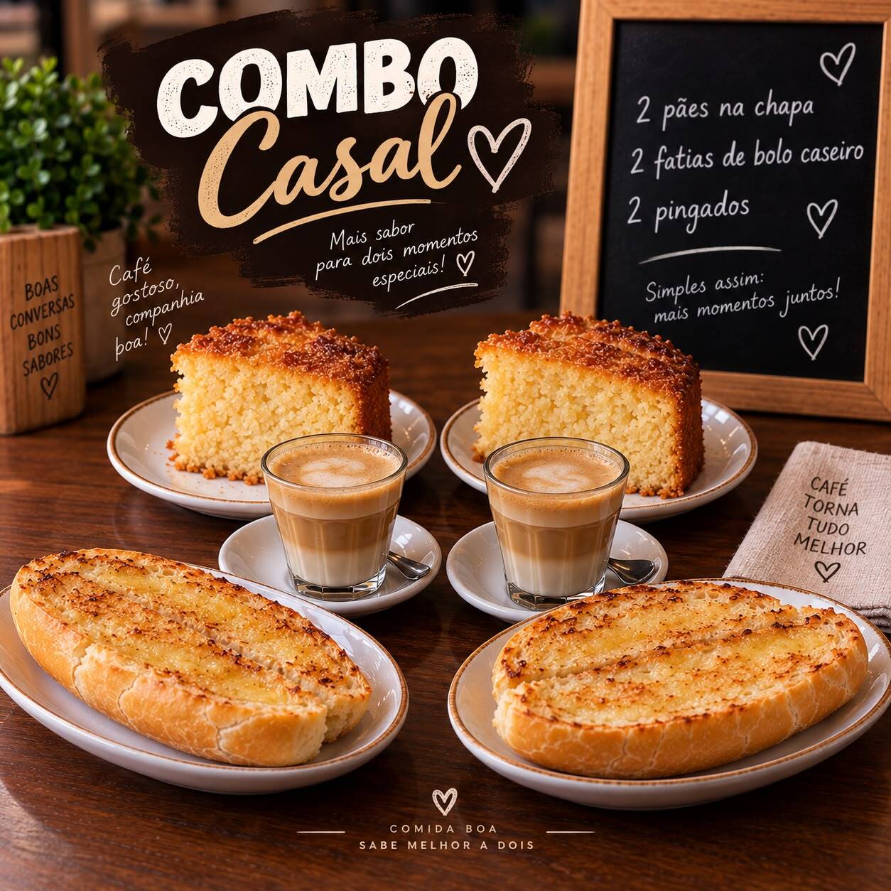 2 Pães na chapa
2 Fatias de bolo
2 Pingados