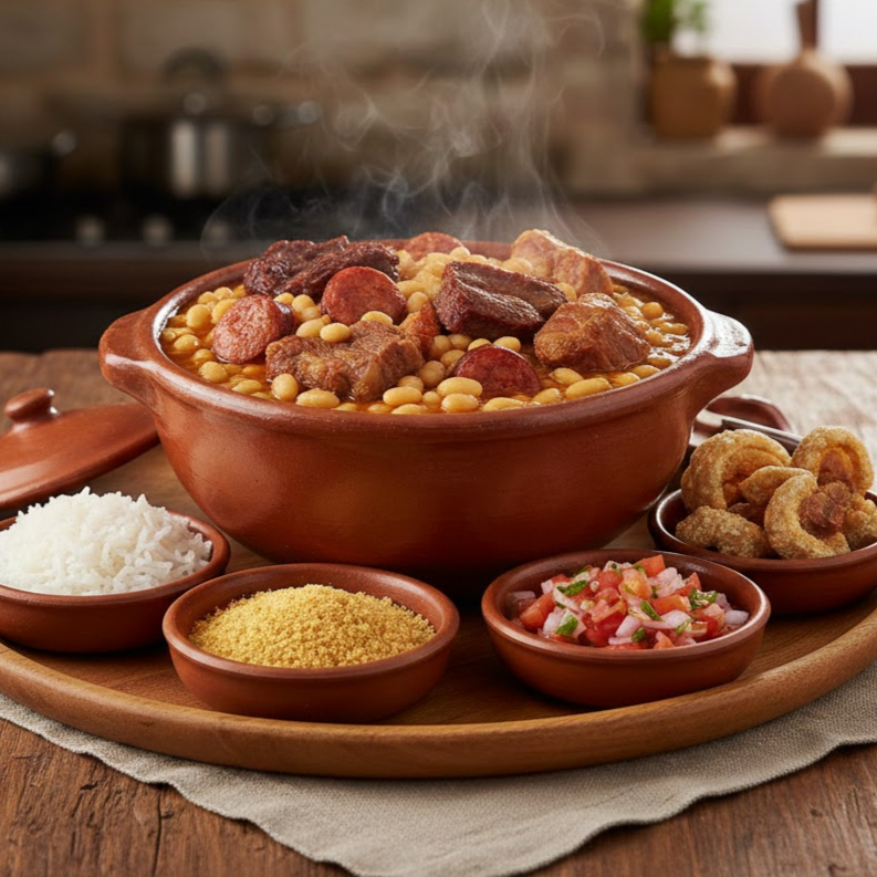 Feijão branco com carne seca, pernil, calabresa, bacon e costela. Acompanha: Arroz, farofa, vinagrete e torresmo.