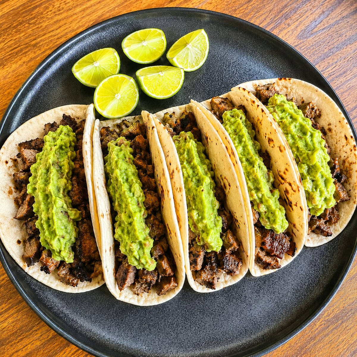 Tacos de Harina de Carne Asada con Guacamole
