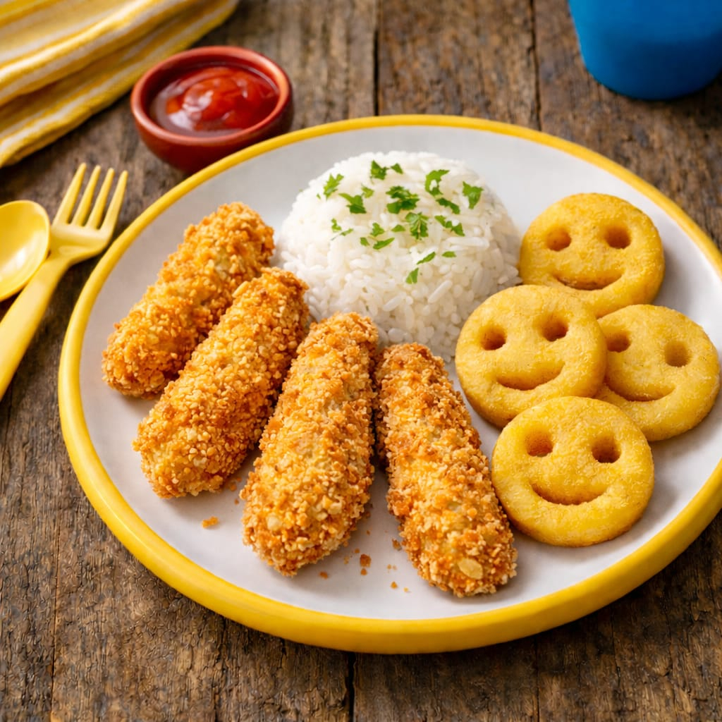 Arroz branco, feijão, filé de tilápia em tiras fritos, batata smile