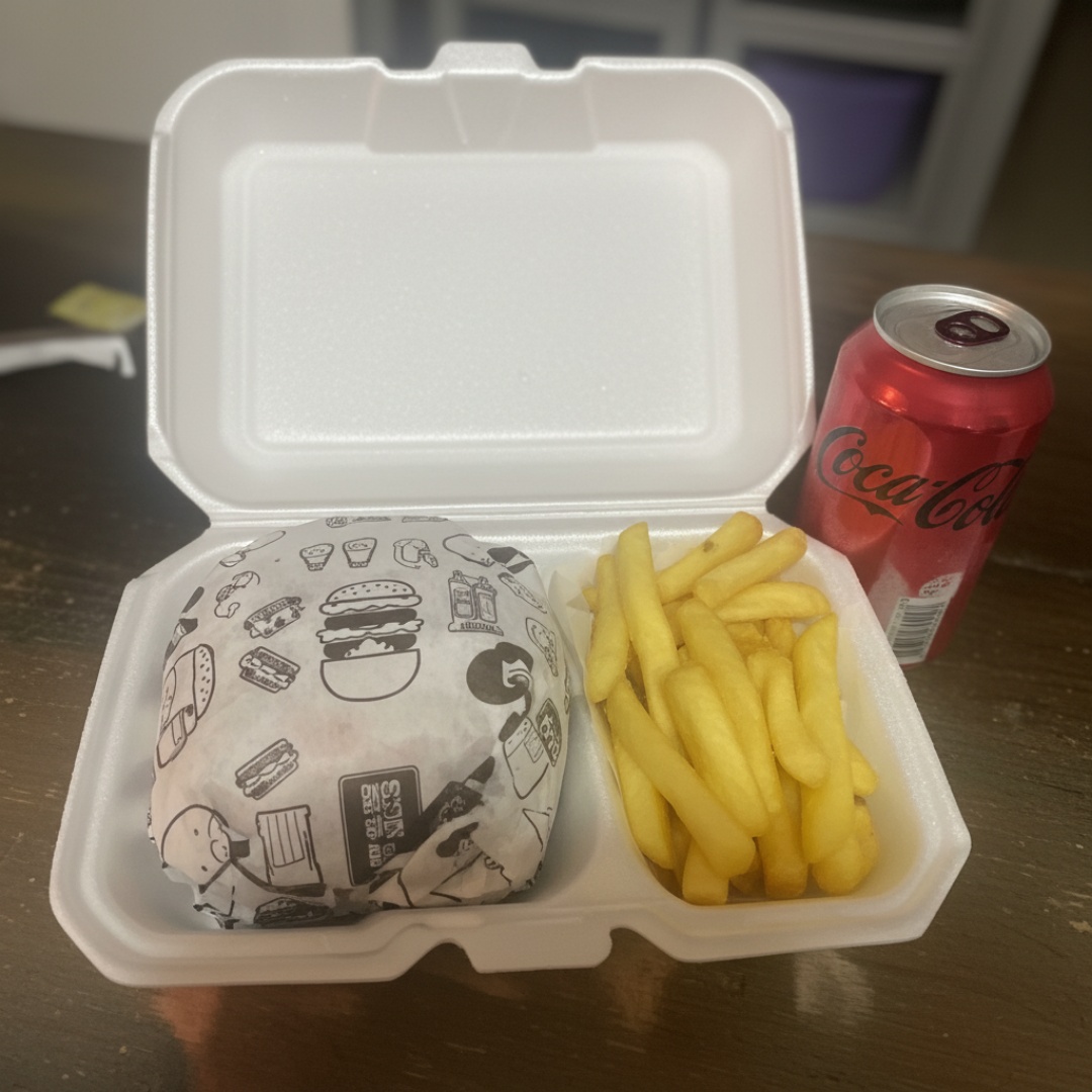 1 Burguer da Casa ( Pão de Brioche , Ovo , Blend Bovino 160g , Presunto , Mussarela ,Bacon , Alface , Tomate ,Maionese Verde da Casa ) , acompanha Fritas + Coca-Cola lata 350ml