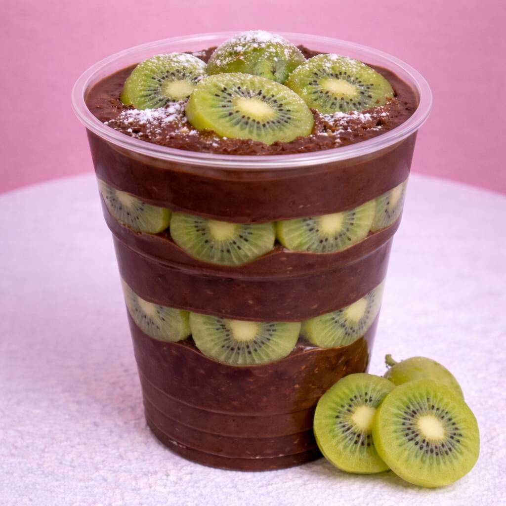 Creme de chocolate super cremoso intercalado com fatias frescas de kiwi, criando o equilíbrio perfeito entre doce e refrescante. Finalizado com kiwi e um toque especial por cima. Uma sobremesa intensa, cremosa e irresistível! 😋