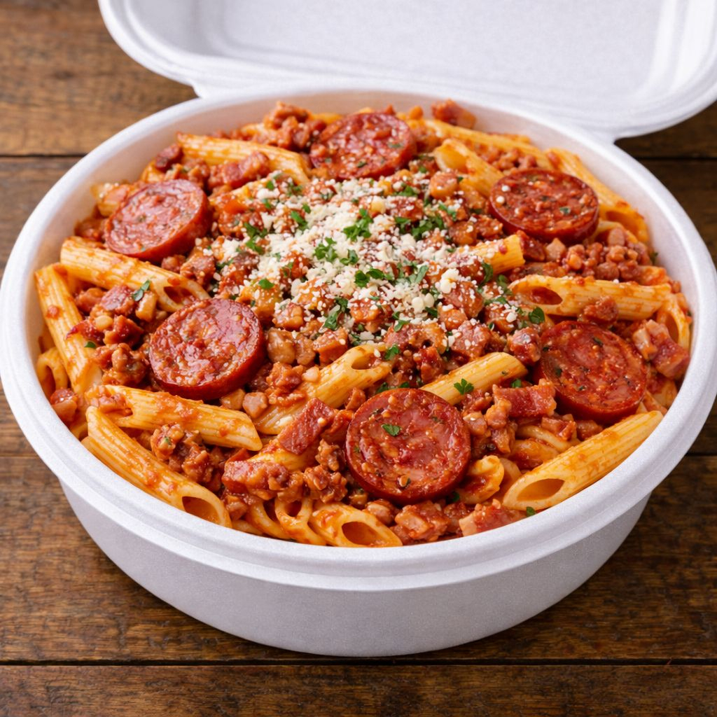 Marmita de penne com molho à bolonhesa e calabresa