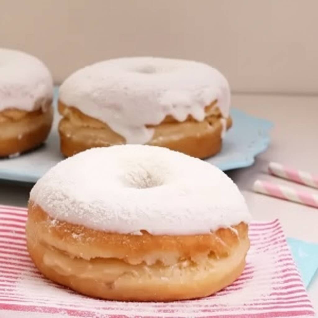 Donuts com cobertura de chocolate branco com Ninho, recheado com brigadeiro de Ninho. Textura macia e sabor suave, ideal para quem ama doces delicados. Peça já!