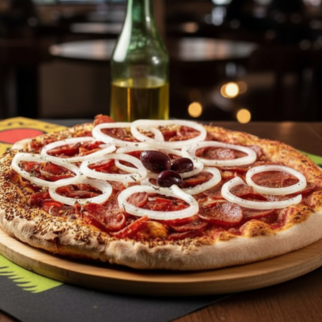 Pizza de Calabresa fatiada com cebola, brotinho 4 fatias. Padrão massa fina.