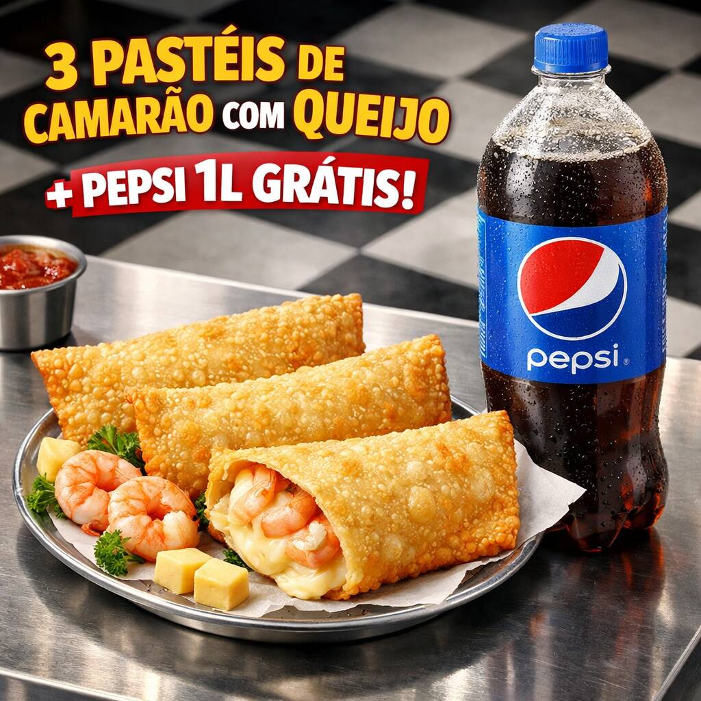 3 deliciosos pastéis de camarão 200gr
+ Pepsi 1l