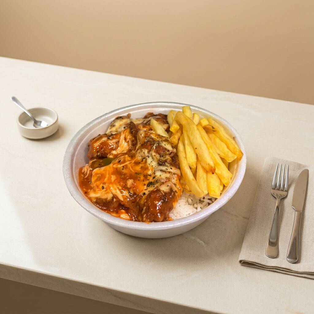 Filé de frango empanado com molho de tomate,mussarela e orégano. Arroz e Batata frita