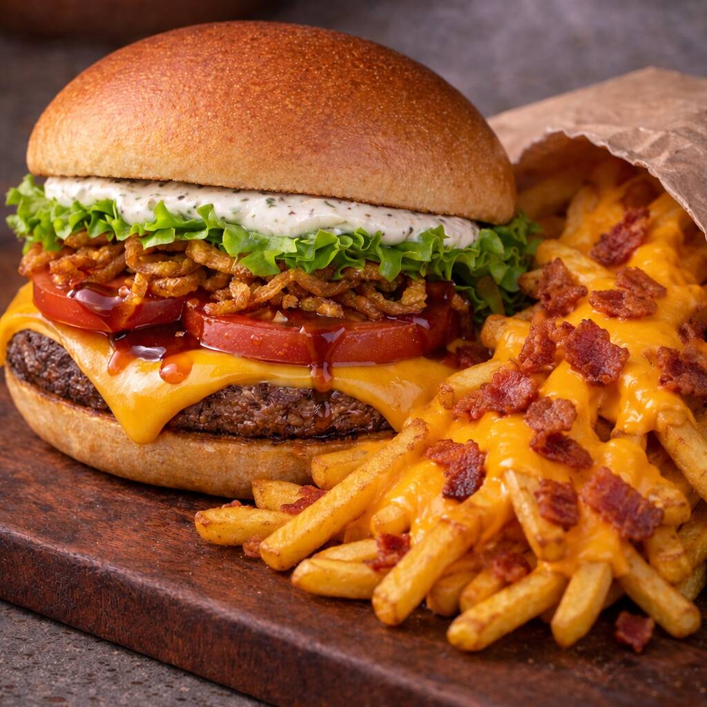 1 burger da sua escolha + batata bacon e cheddar