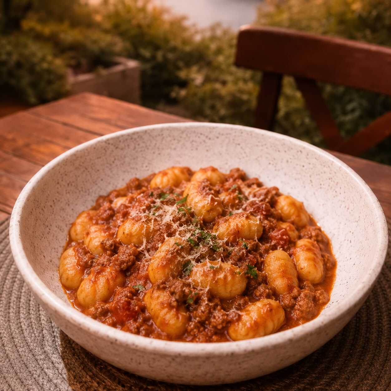 Nhoque de mandioquinha ao ragù de carne lentamente cozido, finalizado com pesto genovese e pangratato com raspas de limão siciliano.